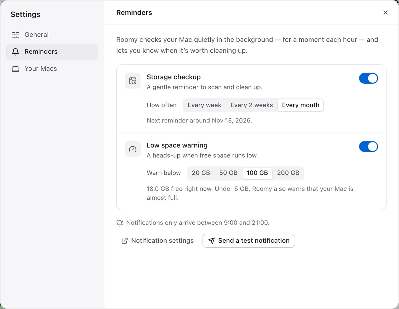 Roomy’s Reminders settings: a storage checkup every month and a low space warning at 100 GB, with notifications only between 9:00 and 21:00. 18 GB free right now.